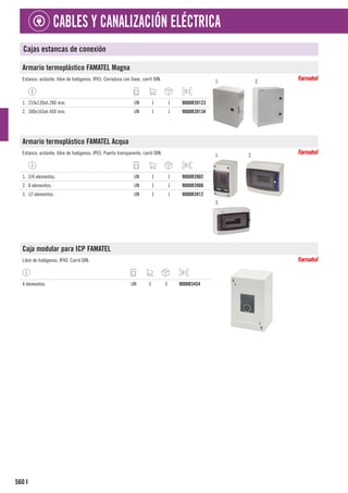 560
CABLES Y CANALIZACIÓN ELÉCTRICA
I
Cajas estancas de conexión
Armario termoplástico FAMATEL Magna
Estanco, aislante, libre de halógenos. IP65. Cerradura con llave, carril DIN. 1. 2.
1. 210x130xh.280 mm. UN 1 1 9000R39123
2. 300x165xh.400 mm. UN 1 1 9000R39134
Armario termoplástico FAMATEL Acqua
Estanco, aislante, libre de halógenos. IP65. Puerta transparente, carril DIN. 1. 2.
3.
1. 2/4 elementos. UN 1 1 9000R3902
2. 8 elementos. UN 1 1 9000R3908
3. 12 elementos. UN 1 1 9000R3912
Caja modular para ICP FAMATEL
Libre de halógenos. IP40. Carril DIN.
4 elementos. UN 3 3 9000R3454
 