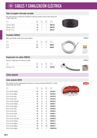 562
CABLES Y CANALIZACIÓN ELÉCTRICA
I
Tubo corrugado reforzado curvable
PVC rígido. Apto para canalizaciones empotradas ordinarias (paredes, techos y falsos techos). EN
61386-1 Clase 2321.
ø 16 mm. 100 m. UN 1 1 900R105
ø 20 mm. 100 m. UN 1 1 900R106
ø 25 mm. 75 m. UN 1 1 900R107
Pasahilos DUOLEC
Nilón, punta flexible. Anilla final con ojete metálico.
15 m. BOL 1 5 900R93
25 m. BOL 1 5 900R94
Organizador de cables DUOLEC
Color gris. Incluye guía para colocar los cables.
ø 25 mm. x 2 m. BOL 1 50 460R205
Cinta aislante
Cinta aislante RATIO
PVC. Espesor 0,15 mm. Autoextinguible. Resistencia a las llamas. Normativa EN 60454-3-12:2006.
Directiva RoHs 20011/65EU.
10 m x 19 mm. Blanco. UN 10 10 184B100-1
10 m x 19 mm. Negro. UN 10 10 184B100-2
10 m x 19 mm. Rojo. UN 10 10 184B100-3
10 m x 19 mm. Azul. UN 10 10 184B100-4
10 m x 19 mm. Amarillo. UN 10 10 184B100-5
20 m x 19 mm. Blanco. UN 10 10 184B200-1
20 m x 19 mm. Negro. UN 10 10 184B200-2
20 m x 19 mm. Rojo. UN 10 10 184B200-3
20 m x 19 mm. Azul. UN 10 10 184B200-4
20 m x 19 mm. Verde. UN 10 10 184B200-7
20 m x 19 mm. Gris. UN 10 10 184B200-5
20 m x 19 mm. Amarilla. UN 10 10 184B200-6
25 m x 19 mm. Blanco. UN 10 10 184B250-1
25 m x 19 mm. Negro. UN 10 10 184B250-2
33 m x 19 mm. Negra. UN 10 100 184B330-1
25 m x 50 mm. Negra. UN 1 1 184B250-50
 