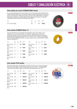 563
I
CABLES Y CANALIZACIÓN ELÉCTRICA
Cinta aislante de caucho PLYMOUTH W963 Plysafe
Es una cinta autoamalgamante para alto voltaje de 0,76 mm de espesor basada en Caucho Etileno
Propileno (EPR) para aislar y poner la cubierta de empalmes de hasta 69kV. Construcción de conos de
alivio y como aislamiento en terminales de cables secos hasta 35kV. La W963 Plysafe se amalgama
rápidamente produciendo un encintado eléctricamente estable y libre de burbujas. Es ideal para
impermeabilizar. ASTM-D-4388, HH-I-553C/Grado A, MILI-3825B.
9,1 m x 19 mm. Negro. UN 1 100 933B10
Cinta aislante PLYMOUTH Núñez-12
Esta cinta aislante de 0,15 mm de espesor está disponible en negro y varios colores. Es muy
adaptable y con un buen nivel de adhesión. Es resistente al fuego y apta para todo tipo de
aplicaciones mecánicas y eléctricas. Se puede utilizar para aislamientos primarios de empalmes
de hasta 600 V. Temperatura recomendada de uso -10 ºC hasta + 85 ºC. Cumple con los requisitos
RoHS 2011/65/UE y 2000/53/CE directivas. Sin plomo, cadmio, mercurio, cromo (VI), PBB´s o PBDE´s.
Conforme a EN 60454-3-1.
20 m x 19 mm.
Negro.
CJ 1 200 933B1
20 m x 19 mm.
Azul.
CJ 1 100 933B2
20 m x 19 mm.
Rojo.
CJ 1 10 933B3
20 m x 19 mm.
Blanco.
CJ 1 10 933B4
20 m x 19 mm.
Gris.
CJ 1 10 933B5
20 m x 19 mm.
Amarillo.
CJ 1 10 933B6
20 m x 19 mm.
Verde.
CJ 1 10 933B7
20 m x 19 mm.
Marrón.
CJ 1 10 933B8
20 m x 19 mm.
T/T.
CJ 1 10 933B9
Cinta aislante TESA Tesaflex
PVC blando. Soporte grueso, alta flexibilidad y rendimiento bueno en acero y a bajas temperaturas.
Certificaciones VOC, REACH, y RoHS. Certificado según norma IEC 60454-3-1, VDE, IMQ, SEMKO.
Tensión de ruptura dieléctrica Voltaje de 7.000 Volt. Resiste temperaturas hasta +90° C.
10 m x 19 mm.
Blanco.
UN 1 10 295B19/1
10 m x 19 mm.
Negro.
UN 1 10 295B19/2
20 m x 19 mm.
Blanco.
UN 1 8 296B19/1
20 m x 19 mm.
Negro.
UN 1 8 296B19/2
20 m x 19 mm.
Azul.
UN 1 10 296B19/4
20 m x 19 mm.
Amarilla.
UN 1 10 296B19/5
20 m x 19 mm.
Roja.
UN 1 10 296B19/6
20 m x 19 mm.
Verde.
UN 1 10 296B19/7
20 m x 19 mm.
Gris.
UN 1 10 296B19/8
 