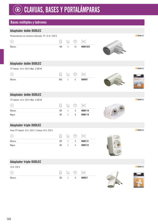 566
CLAVIJAS, BASES Y PORTALÁMPARAS
Bases múltiples y ladrones
Adaptador doble DUOLEC
Portacontactos en cerámica reforzado. T/T. 16 A / 250 V.
Blanco. UN 5 10 900R1025
Adaptador doble DUOLEC
T/T lateral. 16 A. 250 V. Máx. 3.500 W.
Blanco. BOL 1 6 900R97
Adaptador doble DUOLEC
T/T lateral. 16 A. 250 V. Máx. 3.500 W.
Blanco. DB 1 8 900R118
Negro. DB 1 8 900R119
Adaptador triple DUOLEC
Toma T/T lateral. 16 A. 250 V. 2 tomas 10 A. 250 V.
Blanco. DB 1 6 900R121
Negro. DB 1 6 900R122
Adaptador triple DUOLEC
10 A. 250 V.
Blanco. DB 1 8 900R27
 