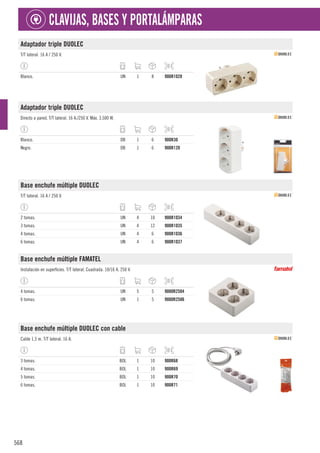 568
CLAVIJAS, BASES Y PORTALÁMPARAS
Adaptador triple DUOLEC
T/T lateral. 16 A / 250 V.
Blanco. UN 1 8 900R1028
Adaptador triple DUOLEC
Directo a pared. T/T lateral. 16 A./250 V. Máx. 3.500 W.
Blanco. DB 1 6 900R30
Negro. DB 1 6 900R120
Base enchufe múltiple DUOLEC
T/T lateral. 16 A / 250 V.
2 tomas. UN 4 10 900R1034
3 tomas. UN 4 12 900R1035
4 tomas. UN 4 6 900R1036
6 tomas. UN 4 6 900R1037
Base enchufe múltiple FAMATEL
Instalación en superficies. T/T lateral. Cuadrada. 10/16 A. 250 V.
4 tomas. UN 5 5 9000R2504
6 tomas. UN 1 5 9000R2506
Base enchufe múltiple DUOLEC con cable
Cable 1,5 m. T/T lateral. 16 A.
3 tomas. BOL 1 10 900R68
4 tomas. BOL 1 10 900R69
5 tomas. BOL 1 10 900R70
6 tomas. BOL 1 10 900R71
 