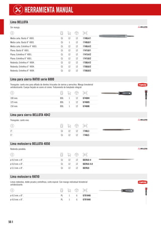 56
HERRAMIENTA MANUAL
I
Lima BELLOTA
Sin mango.
Media caña. Basta 4” 4003. CJ 12 12 1748L4/1
Media caña. Basta 8” 4003. CJ 1 12 1748L8/1
Media caña. Entrefina 4” 4003. CJ 12 12 1748L4/2
Plana. Basta 8” 4001. CJ 12 12 1747L8/1
Plana. Entrefina 4” 4001. CJ 12 12 1747L4/2
Plana. Entrefina 8” 4001. CJ 12 12 1747L8/2
Redonda. Entrefina 4” 4004. CJ 12 12 1750L4/2
Redonda. Entrefina 6” 4004. CJ 12 12 1750L6/2
Redonda. Entrefina 8” 4004. CJ 12 12 1750L8/2
Lima para sierra RATIO serie 6000
Triangular, canto vivo para afilado de dientes triscados de sierras y serruchos. Mango bimaterial
antideslizante. Cuerpo forjado en acero al cromo. Tratamiento de templado integral.
100 mm. BOL 1 12 6746H4
125 mm. BOL 1 12 6746H5
150 mm. BOL 1 12 6746H6
Lima para sierra BELLOTA 4042
Triangular, canto vivo.
3”. CJ 12 12 1746L3
5”. CJ 12 12 1746L5
Lima motosierra BELLOTA 4050
Redonda paralela.
ø 4,0 mm. x 8”. CJ 12 12 6029L8-4
ø 4,8 mm. x 8”. CJ 12 12 6029L8-4.8
ø 5,5 mm. x 8”. CJ 12 12 6029L8
Lima motosierra RATIO
Limas redondas, doble picado y entrefinas, corte espiral. Con mango individual bimaterial
antideslizante.
ø 4.0 mm. x 8”. PL 1 6 6791H40
ø 4.8 mm. x 8”. PL 1 6 6791H48
 