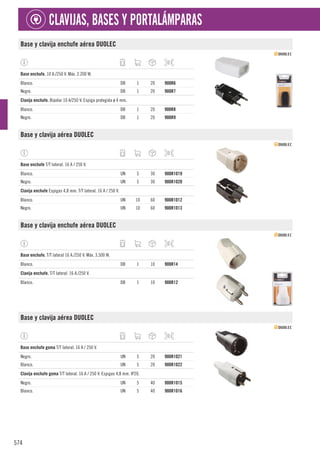 574
CLAVIJAS, BASES Y PORTALÁMPARAS
Base y clavija enchufe aérea DUOLEC
1
Base enchufe. 10 A./250 V. Máx. 2.200 W.
Blanco. DB 1 20 900R6
Negro. DB 1 20 900R7
1
Clavija enchufe. Bipolar 10 A/250 V. Espiga protegida ø 4 mm.
Blanco. DB 1 20 900R8
Negro. DB 1 20 900R9
Base y clavija aérea DUOLEC
1
Base enchufe T/T lateral. 16 A / 250 V.
Blanco. UN 5 30 900R1019
Negro. UN 5 30 900R1020
1
Clavija enchufe Espigas 4,8 mm. T/T lateral. 16 A / 250 V.
Blanco. UN 10 60 900R1012
Negro. UN 10 60 900R1013
Base y clavija enchufe aérea DUOLEC
1
Base enchufe. T/T lateral 16 A./250 V. Máx. 3.500 W.
Blanco. DB 1 10 900R14
1
Clavija enchufe. T/T lateral. 16 A./250 V.
Blanco. DB 1 10 900R12
Base y clavija aérea DUOLEC
1
Base enchufe goma T/T lateral. 16 A / 250 V.
Negro. UN 5 20 900R1021
Blanco. UN 5 20 900R1022
1
Clavija enchufe goma T/T lateral. 16 A / 250 V. Espigas 4,8 mm. IP20.
Negro. UN 5 40 900R1015
Blanco. UN 5 40 900R1016
 