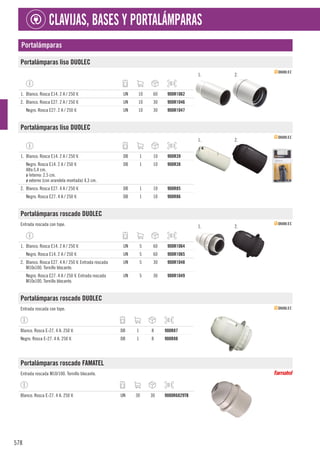 578
CLAVIJAS, BASES Y PORTALÁMPARAS
Portalámparas
Portalámparas liso DUOLEC
1. 2.
1. Blanco. Rosca E14. 2 A / 250 V. UN 10 60 900R1062
2. Blanco. Rosca E27. 2 A / 250 V. UN 10 30 900R1046
Negro. Rosca E27. 2 A / 250 V. UN 10 30 900R1047
Portalámparas liso DUOLEC
1. 2.
1. Blanco. Rosca E14. 2 A / 250 V. DB 1 10 900R39
Negro. Rosca E14. 2 A / 250 V.
Alto:5,4 cm.
ø Interno: 2.5 cm.
ø externo (con arandela montada) 4,3 cm.
DB 1 10 900R38
2. Blanco. Rosca E27. 4 A / 250 V. DB 1 10 900R85
Negro. Rosca E27. 4 A / 250 V. DB 1 10 900R86
Portalámparas roscado DUOLEC
Entrada roscada con tope. 1. 2.
1. Blanco. Rosca E14. 2 A / 250 V. UN 5 60 900R1064
Negro. Rosca E14. 2 A / 250 V. UN 5 60 900R1065
2. Blanco. Rosca E27. 4 A / 250 V. Entrada roscada
M10x100. Tornillo blocante.
UN 5 30 900R1048
Negro. Rosca E27. 4 A / 250 V. Entrada roscada
M10x100. Tornillo blocante.
UN 5 30 900R1049
Portalámparas roscado DUOLEC
Entrada roscada con tope.
Blanco. Rosca E-27. 4 A. 250 V. DB 1 8 900R87
Negro. Rosca E-27. 4 A. 250 V. DB 1 8 900R88
Portalámparas roscado FAMATEL
Entrada roscada M10/100. Tornillo blocante.
Blanco. Rosca E-27. 4 A. 250 V. UN 30 30 9000R6829TB
 