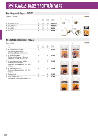 580
CLAVIJAS, BASES Y PORTALÁMPARAS
Portalámparas halógenas DUOLEC
Cerámico. Con cables. 1. 2.
3. 4.
1. GU-5,3/6,35. 15 cm. UN 25 100 900R1070
2. GU/GZ10. 10 cm. UN 25 75 900R1071
3. GU-5,3/6,35. UN 20 20 900R48
4. GU/GZ10. UN 10 10 900R49
Kit eléctrico manualidades DUOLEC
Varios voltajes. 1. 2.
3. 4.
5. 6.
1. Kit iluminación (máx. 4,8 V.):
2 portalámparas, 2 lámparas.
1 interruptor, 2 cables eléctricos 1 m.
DB 1 12 751R1
2. Kit motor (máx. 4,8 V.):
1 motor, 2 portalámparas, 2 lámparas.
1 interruptor, 2 cables eléctricos 1 m.
DB 1 1 751R2
3. Kit iluminación + zumbador (4,8 V.):
1 portalámparas, 1 lámpara.
1 interruptor, 1 cable eléctrico 1 m (2 hilos) y 1
zumbador.
DB 1 1 751R3
4. Kit zumbador (máx. 3 V.):
1 interruptor, 1 cable eléctrico 1 m (2 hilos) y 1
zumbador.
DB 1 1 751R4
5. Zumbador (3 V.) DB 1 1 751R5
6. Pinzas conexión (máx. 9 V.):
1 juego pinzas tipo cocodrilo. Cables 23 cm.
DB 1 1 751R6
 