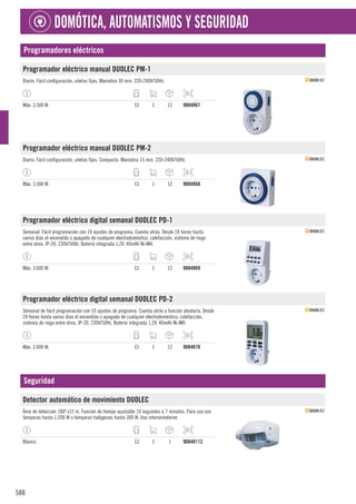 588
DOMÓTICA, AUTOMATISMOS Y SEGURIDAD
Programadores eléctricos
Programador eléctrico manual DUOLEC PM-1
Diario. Fácil configuración, uñetas fijas. Maniobra 30 min. 220-240V/50Hz.
Máx. 3.500 W. CJ 1 12 9084R67
Programador eléctrico manual DUOLEC PM-2
Diario. Fácil configuración, uñetas fijas. Compacto. Maniobra 15 min. 220-240V/50Hz.
Máx. 3.500 W. CJ 1 12 9084R68
Programador eléctrico digital semanal DUOLEC PD-1
Semanal. Fácil programación con 10 ajustes de programa. Cuenta atrás. Desde 24 horas hasta
varios días el encendido o apagado de cualquier electrodoméstico, calefacción, sistema de riego
entre otros. IP-20. 230V/50Hz. Batería integrada 1,2V. 40mAh Ni-MH.
Máx. 3.600 W. CJ 1 12 9084R69
Programador eléctrico digital semanal DUOLEC PD-2
Semanal de fácil programación con 10 ajustes de programa. Cuenta atrás y función aleatoria. Desde
24 horas hasta varios días el encendido o apagado de cualquier electrodoméstico, calefacción,
sistema de riego entre otros. IP-20. 230V/50Hz. Batería integrada 1,2V. 40mAh Ni-MH.
Máx. 3.600 W. CJ 1 12 9084R70
Seguridad
Detector automático de movimiento DUOLEC
Área de detección 180º x12 m. Función de tiempo ajustable 10 segundos a 7 minutos. Para uso con
lámparas hasta 1.200 W o lámparas halógenas hasta 300 W. Uso interior/exterior.
Blanco. CJ 1 1 9084R112
 