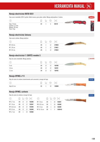 59
I
HERRAMIENTA MANUAL
Navaja electricista RATIO 6551
Hoja acero inoxidable 3CR13 pulida. Doble muesca para pelar cables. Mango polipropileno 2 colores.
Hoja: 76 mm.
Espesor: 2,2 mm.
Mango: 105 mm.
Peso: 70 gr.
DB 1 6 6551H
Navaja electricista Solsona
Hoja acero carbono. Mango plástico.
Nº 0 18 cm. UN 1 12 2789C0
Nº 1 20 cm. UN 1 12 2789C1
Nº 2 22 cm. UN 1 12 2789C2
Navaja electricista F. CORTÉS modelo S
Hoja de acero inoxidable. Mango plástico.
9 cm. UN 12 12 156Y90
10 cm. UN 12 12 156Y91
11 cm. UN 12 12 156Y92
Navaja OPINEL nº 8
Hoja de acero al carbono (revestimiento anti-corrosión) y mango de haya.
Hoja 8,5 cm. DB 1 10 1388H8
Navaja OPINEL carbono
Hoja de acero al carbono y mango de haya.
Nº 6. 7 cm. UN 12 12 1383H6
Nº 7. 8 cm. UN 12 12 1383H7
Nº 8. 8,5 cm. UN 12 12 1383H8
Nº 9. 9 cm. UN 12 12 1383H9
Nº 6. 7 cm. DB 1 10 1385H6
Nº 7. 8 cm. DB 1 10 1385H7
Nº 8. 8,5 cm. DB 1 10 1385H8
Nº 9. 9 cm. DB 1 10 1385H9
Nº 10. 10 cm. DB 1 5 1385H10
 