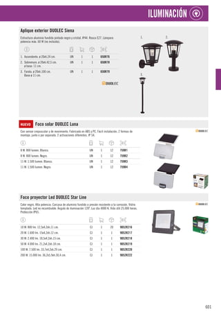 601
ILUMINACIÓN
Aplique exterior DUOLEC Siena
Estructura aluminio fundido pintado negro y cristal. IP44. Rosca E27. Lámpara
potencia máx. 60 W (no incluida).
1. 2.
3.
1. Ascendente. ø 20xh.24 cm. UN 1 1 650R76
2. Sobremuro. ø 20xh.42,5 cm.
ø base: 11 cm.
UN 1 1 650R78
3. Farola. ø 20xh.100 cm.
Base ø 11 cm.
UN 1 1 650R79
NUEVO Foco solar DUOLEC Luna
Con sensor crepuscular y de movimiento. Fabricado en ABS y PC. Fácil instalación, 2 formas de
montaje, junto o por separado. 2 activaciones diferentes. IP 54.
8 W. 800 lumen. Blanco. UN 1 12 759R1
8 W. 800 lumen. Negro. UN 1 12 759R2
11 W. 1.500 lumen. Blanco. UN 1 12 759R3
11 W. 1.500 lumen. Negro. UN 1 12 759R4
Foco proyector Led DUOLEC Star Line
Color negro. Alta potencia. Carcasa de aluminio fundido a presión resistente a la corrosión. Vidrio
templado. Led no recambiable. Ángulo de iluminación 120º. Luz día 4000 K. Vida útil 25.000 horas.
Protección IP65.
10 W. 800 lm. 12,5x4,2xh.11 cm. CJ 1 20 9052R216
20 W. 1.600 lm. 15x4,2xh.12 cm. CJ 1 1 9052R217
30 W. 2.400 lm. 18,5x4,2xh.15 cm. CJ 1 1 9052R218
50 W. 4.000 lm. 21,2x4,2xh.18 cm. CJ 1 1 9052R219
100 W. 7.500 lm. 33,7x4,2xh.29 cm. CJ 1 1 9052R220
200 W. 15.000 lm. 36,2x5,9xh.30,4 cm. CJ 1 1 9052R222
 