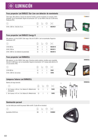 602
ILUMINACIÓN
Foco proyector Led DUOLEC Star Line con detector de movimiento
Color negro. Alta potencia. Carcasa de aluminio fundido a presión resistente a la corrosión. Vidrio
templado. Led no recambiable. Ángulo de iluminación 120º. Luz día 4000 K. Vida útil 25.000 horas.
Protección IP54.
20 W. 1.600 lm. 15x4,2xh.19 cm. CJ 1 1 9052R221
Foco proyector Led DUOLEC Energy II
Alta potencia. Luz fría 6.500 K. Color negro. Vida útil 35.000 h. Led no recambiable. Ángulo de
iluminación 120º.
10 W. 800 lm. CJ 1 1 9052R210
30 W. 2700 lm. CJ 1 1 9052R211
20 W. 1.800 lm. Con detector de proximidad. CJ 1 1 9052R213
Foco proyector Led DURACELL
Alta potencia. Luz día 4.000 K. Color negro. Estructura metal y plástico, tornillos acero inoxidable.
Vida útil 15.000 horas. Led no recambiable. Ángulo de iluminación 110º. Incluye cable eléctrico 50
cm con enchufe. IP65.
10 W. 800 lm. CJ 1 1 765R1
20 W. 1.600 lm. Con sensor. CJ 1 1 765R5
Lámparas Solares Led DURACELL
Baterías de larga duración. 1. 2.
1. Set 4 piezas. h.38 cm. 5 lm. Batería 8 h. Metal/cristal
rectangular.
CJ 1 1 764R2
2. Set 4 piezas. h.47 cm. 5 lm. Batería 8 h. Metal/cristal. CJ 1 1 764R3
Iluminación parasol
Luz Led cálida para mástil de parasol. Botón on/off. (2 pilas AA no incluidas).
Ajustable ø 38-48 mm. UN 1 1 555N802
 