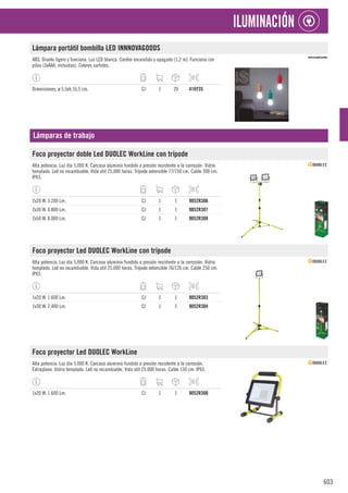 603
ILUMINACIÓN
Lámpara portátil bombilla LED INNNOVAGOODS
ABS. Diseño ligero y funciona. Luz LED blanca. Cordón encendido y apagado (1,2 m). Funciona con
pilas (3xAAA, incluidas). Colores surtidos.
Dimensiones: ø 5,5xh.16,5 cm. CJ 1 20 416Y35
Lámparas de trabajo
Foco proyector doble Led DUOLEC WorkLine con trípode
Alta potencia. Luz día 5.000 K. Carcasa aluminio fundido a presión resistente a la corrosión. Vidrio
templado. Led no recambiable. Vida útil 25.000 horas. Trípode extensible 77/150 cm. Cable 300 cm.
IP65.
2x20 W. 3.200 Lm. CJ 1 1 9052R306
2x30 W. 4.800 Lm. CJ 1 1 9052R307
2x50 W. 8.000 Lm. CJ 1 1 9052R308
Foco proyector Led DUOLEC WorkLine con trípode
Alta potencia. Luz día 5.000 K. Carcasa aluminio fundido a presión resistente a la corrosión. Vidrio
templado. Led no recambiable. Vida útil 25.000 horas. Trípode extensible 76/126 cm. Cable 250 cm.
IP65.
1x20 W. 1.600 Lm. CJ 1 1 9052R303
1x30 W. 2.400 Lm. CJ 1 1 9052R304
Foco proyector Led DUOLEC WorkLine
Alta potencia. Luz día 5.000 K. Carcasa aluminio fundido a presión resistente a la corrosión.
Extraplano. Vidrio templado. Led no recambiable. Vida útil 25.000 horas. Cable 150 cm. IP65.
1x20 W. 1.600 Lm. CJ 1 1 9052R300
 