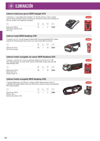 608
ILUMINACIÓN
Linterna frontal para gorras RATIO CapLight 5479
4 Led blancos + 2 rojos. Batería litio recargable 3,7 V. 450 mAh. Duración: 2 horas a máxima
potencia. Puerto micro USB. Funciones: luz blanca alta intensidad, luz blanca baja intensidad, luz
roja y luz roja flash. Fácil adaptación. Recargable.
Potencia máx: 200 lm.
Dimensiones: 84x57xh.22 mm.
Peso: 42 gr.
BL 1 8 5479H
Linterna frontal RATIO Headlamp LF95
5 funciones. Led 1 W + Led rojo emergencia. Material ABS. Grado impermeabilidad IPX5. Cabezal
pivotante 40º. Indicador batería baja. Funciona con 3 pilas alcalina AAA (no incluidas).
Potencia máx: 95 lm.
Peso: 50 gr (sin pilas).
DB 1 40 5531H
Linterna frontal recargable con sensor RATIO Headlamp 5524
3 funciones. 1 Led Cree 3 W + sensor de movimiento. Batería de ión de litio 3,7 V, 1.200
mAh. Cabezal pivotante. Con sensor on/off. Carcasa en ABS sellada. Incluye cable micro USB.
Impermeabilidad: IPX4.
Potencia máx: 150 lm.
Alcance máx: 50 m.
Tiempo de carga: 3 h.
DB 1 30 5524H
Linterna frontal recargable RATIO Headlamp 5536
7 funciones. Modo larga o corta distancia. 3 diodos Led CREE. Batería polímero de litio 3,7
V-1800mAH. Recargable mediante cable micro USB incluido. Indicador de carga. Impermeabilidad
IPX5. Cabezal pivotante.
Potencia máx: 160 lm.
Alcance: 120 m.
Duración máx. batería: 120 h.
CJ 1 6 5536H
 