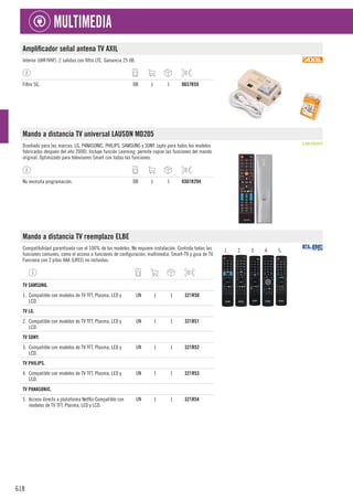 618
MULTIMEDIA
Amplificador señal antena TV AXIL
Interior (UHF/VHF). 2 salidas con filtro LTE. Ganancia 25 dB.
Filtro 5G. DB 1 1 9037R59
Mando a distancia TV universal LAUSON MD205
Diseñado para las marcas: LG, PANASONIC, PHILIPS, SAMSUNG y SONY (apto para todos los modelos
fabricados después del año 2000). Incluye función Learning: permite copiar las funciones del mando
original. Optimizado para televisores Smart con todas las funciones.
No necesita programación. DB 1 1 9301R294
Mando a distancia TV reemplazo ELBE
Compatibilidad garantizada con el 100% de los modelos. No requiere instalación. Controla todas las
funciones comunes, como el acceso a funciones de configuración, multimedia, Smart-TV y guía de TV.
Funciona con 2 pilas AAA (LR03) no incluidas.
1. 2. 3. 4. 5.
1
TV SAMSUNG.
1. Compatible con modelos de TV TFT, Plasma, LED y
LCD.
UN 1 1 321R50
1
TV LG.
2. Compatible con modelos de TV TFT, Plasma, LED y
LCD.
UN 1 1 321R51
1
TV SONY.
3. Compatible con modelos de TV TFT, Plasma, LED y
LCD.
UN 1 1 321R52
1
TV PHILIPS.
4. Compatible con modelos de TV TFT, Plasma, LED y
LCD.
UN 1 1 321R53
1
TV PANASONIC.
5. Acceso directo a plataforma Netflix Compatible con
modelos de TV TFT, Plasma, LED y LCD.
UN 1 1 321R54
 