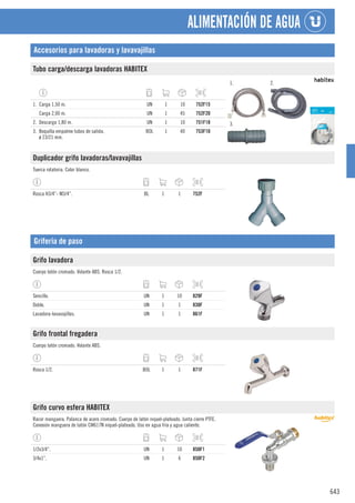 643
ALIMENTACIÓN DE AGUA
Accesorios para lavadoras y lavavajillas
Tubo carga/descarga lavadoras HABITEX
1. 2.
3.
1. Carga 1,50 m. UN 1 10 752F15
Carga 2,00 m. UN 1 45 752F20
2. Descarga 1,80 m. UN 1 10 751F18
3. Boquilla empalme tubos de salida.
ø 23/21 mm.
BOL 1 40 753F10
Duplicador grifo lavadoras/lavavajillas
Tuerca rotatoria. Color blanco.
Rosca H3/4”- M3/4”. BL 1 1 752F
Grifería de paso
Grifo lavadora
Cuerpo latón cromado. Volante ABS. Rosca 1/2.
Sencillo. UN 1 10 829F
Doble. UN 1 1 830F
Lavadora-lavavajillas. UN 1 1 861F
Grifo frontal fregadera
Cuerpo latón cromado. Volante ABS.
Rosca 1/2. BOL 1 1 871F
Grifo curvo esfera HABITEX
Racor manguera. Palanca de acero cromado. Cuerpo de latón niquel-plateado. Junta cierre PTFE.
Conexión manguera de latón CW617N níquel-plateado. Uso en agua fría y agua caliente.
1/2x3/4”. UN 1 10 850F1
3/4x1”. UN 1 6 850F2
 