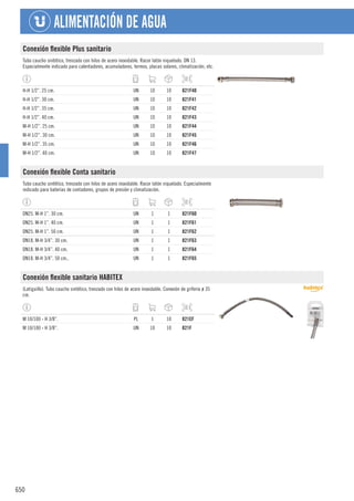 650
ALIMENTACIÓN DE AGUA
Conexión flexible Plus sanitario
Tubo caucho sintético, trenzado con hilos de acero inoxidable. Racor latón niquelado. DN 13.
Especialmente indicado para calentadores, acumuladores, termos, placas solares, climatización, etc.
H-H 1/2”. 25 cm. UN 10 10 821F40
H-H 1/2”. 30 cm. UN 10 10 821F41
H-H 1/2”. 35 cm. UN 10 10 821F42
H-H 1/2”. 40 cm. UN 10 10 821F43
M-H 1/2”. 25 cm. UN 10 10 821F44
M-H 1/2”. 30 cm. UN 10 10 821F45
M-H 1/2”. 35 cm. UN 10 10 821F46
M-H 1/2”. 40 cm. UN 10 10 821F47
Conexión flexible Conta sanitario
Tubo caucho sintético, trenzado con hilos de acero inoxidable. Racor latón niquelado. Especialmente
indicado para baterías de contadores, grupos de presión y climatización.
DN25. M-H 1”. 30 cm. UN 1 1 821F60
DN25. M-H 1”. 40 cm. UN 1 1 821F61
DN25. M-H 1”. 50 cm. UN 1 1 821F62
DN18. M-H 3/4”. 30 cm. UN 1 1 821F63
DN18. M-H 3/4”. 40 cm. UN 1 1 821F64
DN18. M-H 3/4”. 50 cm.. UN 1 1 821F65
Conexión flexible sanitario HABITEX
(Latiguillo). Tubo caucho sintético, trenzado con hilos de acero inoxidable. Conexión de grifería ø 35
cm.
M 10/100 - H 3/8”. PL 1 10 821EF
M 10/100 - H 3/8”. UN 10 10 821F
 