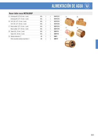 653
ALIMENTACIÓN DE AGUA
Racor latón rosca METALGRUP
15. Entronque M. 1/2”x12 mm. 1 unid. BOL 1 1 974F1212
Entronque M. 1/2”-15 mm. 1 unid. BOL 1 1 974F1215
16. Te H 130. 1/2”-15 mm. 1 unid. BOL 1 1 972F1215
Te H 130. 1/2”-18 mm. 1 unid. BOL 1 1 972F1218
17. Racor soldar. 1/2”-15 mm. 1 unid. BOL 1 1 925F1215
Racor soldar. 1/2”-18 mm. 1 unid. BOL 1 1 925F1218
18. Tapón 301. 15 mm. 1 unid. BOL 1 1 926FT15
Tapón 301. 18 mm. 1 unid. BOL 1 1 926FT18
19. Válvula retención 1”. UN 1 1 899F1
Filtro recambio válvula inox/nilón 1”. UN 1 1 899F1F
15. 16.
17. 18.
19.
 