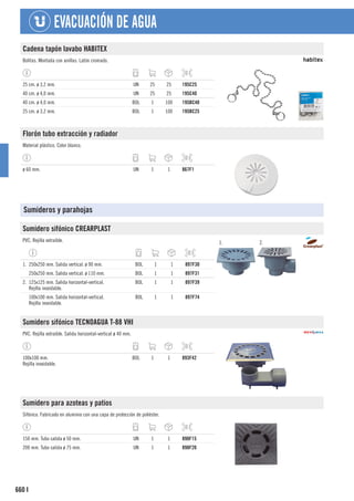 660
EVACUACIÓN DE AGUA
I
Cadena tapón lavabo HABITEX
Bolitas. Montada con anillas. Latón cromado.
25 cm. ø 3,2 mm. UN 25 25 195C25
40 cm. ø 4,0 mm. UN 25 25 195C40
40 cm. ø 4,0 mm. BOL 1 100 195BC40
25 cm. ø 3,2 mm. BOL 1 100 195BC25
Florón tubo extracción y radiador
Material plástico. Color blanco.
ø 60 mm. UN 1 1 867F1
Sumideros y parahojas
Sumidero sifónico CREARPLAST
PVC. Rejilla extraíble. 1. 2.
1. 250x250 mm. Salida vertical. ø 90 mm. BOL 1 1 897F30
250x250 mm. Salida vertical. ø 110 mm. BOL 1 1 897F31
2. 125x125 mm. Salida horizontal-vertical.
Rejilla inoxidable.
BOL 1 1 897F39
100x100 mm. Salida horizontal-vertical.
Rejilla inoxidable.
BOL 1 1 897F74
Sumidero sifónico TECNOAGUA T-88 VHI
PVC. Rejilla extraíble. Salida horizontal-vertical ø 40 mm.
100x100 mm.
Rejilla inoxidable.
BOL 1 1 893F42
Sumidero para azoteas y patios
Sifónico. Fabricado en aluminio con una capa de protección de poliéster.
150 mm. Tubo salida ø 50 mm. UN 1 1 898F15
200 mm. Tubo salida ø 75 mm. UN 1 1 898F20
 