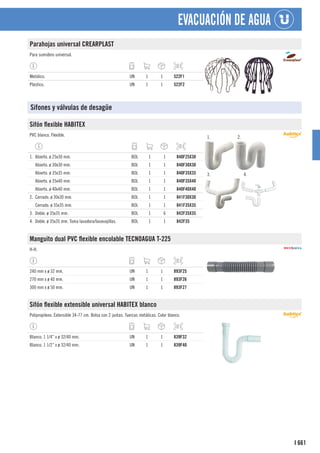 661
I
EVACUACIÓN DE AGUA
Parahojas universal CREARPLAST
Para sumidero universal.
Metálico. UN 1 1 522F1
Plástico. UN 1 1 522F2
Sifones y válvulas de desagüe
Sifón flexible HABITEX
PVC blanco. Flexible. 1. 2.
3. 4.
1. Abierto. ø 25x30 mm. BOL 1 1 840F25X30
Abierto. ø 30x30 mm. BOL 1 1 840F30X30
Abierto. ø 35x35 mm. BOL 1 1 840F35X35
Abierto. ø 35x40 mm. BOL 1 1 840F35X40
Abierto. ø 40x40 mm. BOL 1 1 840F40X40
2. Cerrado. ø 30x30 mm. BOL 1 1 841F30X30
Cerrado. ø 35x35 mm. BOL 1 1 841F35X35
3. Doble. ø 35x35 mm. BOL 1 6 842F35X35
4. Doble. ø 35x35 mm. Toma lavadora/lavavajillas. BOL 1 1 842F35
Manguito dual PVC flexible encolable TECNOAGUA T-225
H-H.
240 mm x ø 32 mm. UN 1 1 893F25
270 mm x ø 40 mm. UN 1 1 893F26
300 mm x ø 50 mm. UN 1 1 893F27
Sifón flexible extensible universal HABITEX blanco
Polipropileno. Extensible 34-77 cm. Bolsa con 2 juntas. Tuercas metálicas. Color blanco.
Blanco. 1 1/4” x ø 32/40 mm. UN 1 1 839F32
Blanco. 1 1/2” x ø 32/40 mm. UN 1 1 839F40
 
