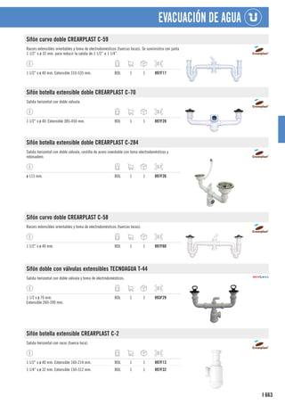 663
I
EVACUACIÓN DE AGUA
Sifón curvo doble CREARPLAST C-59
Racors extensibles orientables y toma de electrodomésticos (tuercas locas). Se sumiinistra con junta
1 1/2” x ø 32 mm. para reducir la salida de 1 1/2” a 1 1/4”.
1 1/2” x ø 40 mm. Extensible 310-535 mm. BOL 1 1 897F17
Sifón botella extensible doble CREARPLAST C-70
Salida horizontal con doble válvula.
1 1/2” x ø 40. Extensible 385-450 mm. BOL 1 1 897F28
Sifón botella extensible doble CREARPLAST C-284
Salida horizontal con doble válvula, cestilla de acero inoxidable con toma electrodomésticos y
rebosadero.
ø 115 mm. BOL 1 1 897F26
Sifón curvo doble CREARPLAST C-58
Racors extensibles orientables y toma de electrodomésticos (tuercas locas).
1 1/2” x ø 40 mm. BOL 1 1 897F60
Sifón doble con válvulas extensibles TECNOAGUA T-44
Salida horizontal con doble válvula y toma de electrodomésticos.
1 1/2 x ø 70 mm.
Extensible 260-390 mm.
BOL 1 1 893F29
Sifón botella extensible CREARPLAST C-2
Salida horizontal con racor (tuerca loca).
1 1/2” x ø 40 mm. Extensible 160-214 mm. BOL 1 1 897F13
1 1/4” x ø 32 mm. Extensible 150-312 mm. BOL 1 1 897F32
 