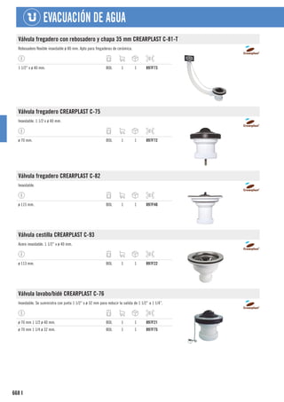 668
EVACUACIÓN DE AGUA
I
Válvula fregadero con rebosadero y chapa 35 mm CREARPLAST C-81-T
Rebosadero flexible inoxidable ø 80 mm. Apto para fregaderas de cerámica.
1 1/2” x ø 40 mm. BOL 1 1 897F73
Válvula fregadero CREARPLAST C-75
Inoxidable. 1 1/2 x ø 40 mm.
ø 70 mm. BOL 1 1 897F72
Válvula fregadero CREARPLAST C-82
Inoxidable.
ø 115 mm. BOL 1 1 897F40
Válvula cestilla CREARPLAST C-93
Acero inoxidable. 1 1/2” x ø 40 mm.
ø 113 mm. BOL 1 1 897F22
Válvula lavabo/bidé CREARPLAST C-76
Inoxidable. Se suministra con junta 1 1/2” x ø 32 mm para reducir la salida de 1 1/2” a 1 1/4”.
ø 70 mm 1 1/2 ø 40 mm. BOL 1 1 897F21
ø 70 mm 1 1/4 ø 32 mm. BOL 1 1 897F75
 