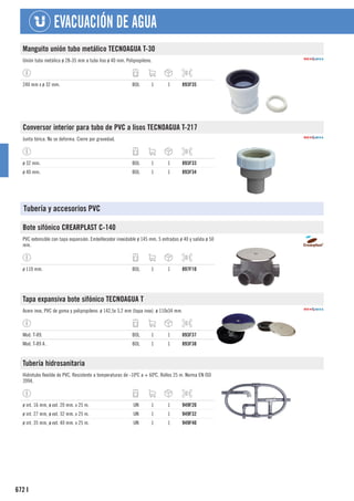 672
EVACUACIÓN DE AGUA
I
Manguito unión tubo metálico TECNOAGUA T-30
Unión tubo metálico ø 28-35 mm a tubo liso ø 40 mm. Polipropileno.
240 mm x ø 32 mm. BOL 1 1 893F35
Conversor interior para tubo de PVC a lisos TECNOAGUA T-217
Junta tórica. No se deforma. Cierre por gravedad.
ø 32 mm. BOL 1 1 893F33
ø 40 mm. BOL 1 1 893F34
Tubería y accesorios PVC
Bote sifónico CREARPLAST C-140
PVC extensible con tapa expansión. Embellecedor inoxidable ø 145 mm, 5 entradas ø 40 y salida ø 50
mm.
ø 110 mm. BOL 1 1 897F10
Tapa expansiva bote sifónico TECNOAGUA T
Acero inox, PVC de goma y polipropileno. ø 142,5x 3,2 mm (tapa inox). ø 110x34 mm.
Mod. T-89. BOL 1 1 893F37
Mod. T-89 A . BOL 1 1 893F38
Tubería hidrosanitaria
Hidrotubo flexible de PVC. Resistente a temperaturas de -10ºC a + 60ºC. Rollos 25 m. Norma EN ISO
3994.
ø int. 16 mm, ø ext. 20 mm. x 25 m. UN 1 1 949F20
ø int. 27 mm, ø ext. 32 mm. x 25 m. UN 1 1 949F32
ø int. 35 mm, ø ext. 40 mm. x 25 m. UN 1 1 949F40
 