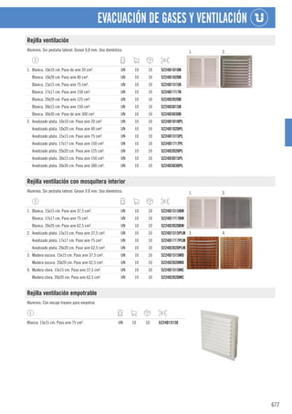 677
EVACUACIÓN DE GASES Y VENTILACIÓN
Rejilla ventilación
Aluminio. Sin pestaña lateral. Grosor 0,8 mm. Uso doméstico. 1. 2.
1. Blanca. 10x10 cm. Paso de aire 20 cm². UN 10 10 5224D1010B
Blanca. 10x20 cm. Paso aire 40 cm². UN 10 10 5224D1020B
Blanca. 15x15 cm. Paso aire 75 cm². UN 10 10 5224D1515B
Blanca. 17x17 cm. Paso aire 150 cm². UN 10 10 5224D1717B
Blanca. 20x20 cm. Paso aire 125 cm². UN 10 10 5224D2020B
Blanca. 30x15 cm. Paso aire 150 cm². UN 10 10 5224D3015B
Blanca. 30x30 cm. Paso de aire 300 cm². UN 10 10 5224D3030B
2. Anodizado plata. 10x10 cm. Paso aire 20 cm². UN 10 10 5224D1010PL
Anodizado plata. 10x20 cm. Paso aire 40 cm². UN 10 10 5224D1020PL
Anodizado plata. 15x15 cm. Paso aire 75 cm². UN 10 10 5224D1515PL
Anodizado plata. 17x17 cm. Paso aire 150 cm². UN 10 10 5224D1717PL
Anodizado plata. 20x20 cm. Paso aire 125 cm². UN 10 10 5224D2020PL
Anodizado plata. 30x15 cm. Paso aire 150 cm². UN 10 10 5224D3015PL
Anodizado plata. 30x30 cm. Paso aire 300 cm². UN 10 10 5224D3030PL
Rejilla ventilación con mosquitera interior
Aluminio. Sin pestaña lateral. Grosor 0,8 mm. Uso doméstico. 1. 2.
3. 4.
1. Blanca. 15x15 cm. Paso aire 37,5 cm². UN 10 10 5224D1515BM
Blanca. 17x17 cm. Paso aire 75 cm². UN 10 10 5224D1717BM
Blanca. 20x20 cm. Paso aire 62,5 cm². UN 10 10 5224D2020BM
2. Anodizado plata. 15x15 cm. Paso aire 37,5 cm². UN 10 10 5224D1515PLM
Anodizado plata. 17x17 cm. Paso aire 75 cm². UN 10 10 5224D1717PLM
Anodizado plata. 20x20 cm. Paso aire 62,5 cm². UN 10 10 5224D2020PLM
3. Madera oscura. 15x15 cm. Paso aire 37,5 cm². UN 10 10 5224D1515MO
Madera oscura. 20x20 cm. Paso aire 62,5 cm². UN 10 10 5224D2020MO
4. Madera clara. 15x15 cm. Paso aire 37,5 cm². UN 10 10 5224D1515MC
Madera clara. 20x20 cm. Paso aire 62,5 cm². UN 10 10 5224D2020MC
Rejilla ventilación empotrable
Aluminio. Con encaje trasero para empotrar.
Blanca. 15x15 cm. Paso aire 75 cm². UN 10 10 5224D1515E
 