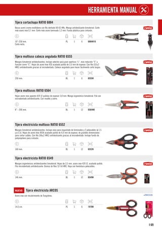 69
I
HERRAMIENTA MANUAL
Tijera cortachapa RATIO 6884
Bocas acero cromo-molibdeno con filo dentado 60-62 HRc. Mango antideslizante bimaterial. Corte
máx acero inox 0,7 mm. Corte máx acero laminado 1,2 mm. Funda plástica para cinturón.
10”-250 mm.
Corte recto.
PL 1 6 6884H10
Tijera multiuso cabeza angulada RATIO 6555
Mangos bimaterial antideslizantes. Incluye selector para gran apertura “L”, más reducida “S” y
función cierre “C”. Hojas de acero Inox 420 acabado pulido de 3,5 mm de espesor. Con filo (53±2
HRC) antideslizante gracias al microdentado. Cabeza angulada para hacer fácilmente corte largos.
250 mm. BL 1 6 6555H
Tijera multiusos RATIO 6564
Hojas acero inox japonés 420 J2 pulidas de espesor 3,8 mm. Mango ergonómico bimaterial. Filo con
microdentado antideslizante. Con muelle y cierre.
8” - 200 mm. BL 1 12 6564H8
Tijera electricista multiuso RATIO 6552
Mangos bimaterial antideslizantes. Incluye zona para engastado de terminales y 2 pelacables (ø 1,5
y ø 2,5). Hojas de acero Inox 4034 acabado pulido de 4,0 mm de espesor, de grandes dimensiones
para cortar cables. Con filo (58±2 HRC) antideslizante gracias al microdentado. Incluye funda de
polipropileno para cinturón.
160 mm. BL 1 12 6552H
Tijera electricista RATIO 6549
Mangos ergonómicos antideslizantes bimaterial. Hojas de 3,5 mm. acero inox 420 J2, acabado pulido.
Filo microdentado antideslizante. Dureza de filos 52-54 HRC. Hoja con hendidura pelacables.
146 mm. BL 1 12 6549H
NUEVO Tijera electricista ARCOS
Acero inox con recubrimiento de Tungsteno.
14,5 cm. PL 1 6 1970H
 