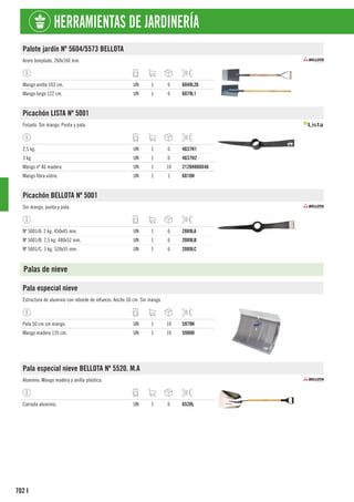 702
HERRAMIENTAS DE JARDINERÍA
I
Palote jardín Nº 5604/5573 BELLOTA
Acero templado. 260x160 mm.
Mango anilla 103 cm. UN 1 6 6048L26
Mango largo 122 cm. UN 1 6 6079L1
Picachón LISTA Nº 5001
Forjado. Sin mango. Punta y pala.
2,5 kg. UN 1 6 4637H1
3 kg. UN 1 6 4637H2
Mango nº 46 madera. UN 1 10 2128H800X46
Mango fibra vidrio. UN 1 1 6810H
Picachón BELLOTA Nº 5001
Sin mango, punta y pala.
Nº 5001/A. 2 kg. 450x45 mm. UN 1 6 2089LA
Nº 5001/B. 2,5 kg. 480x52 mm. UN 1 6 2089LB
Nº 5001/C. 3 kg. 520x55 mm. UN 1 6 2089LC
Palas de nieve
Pala especial nieve
Estructura de aluminio con reborde de refuerzo. Ancho 50 cm. Sin mango.
Pala 50 cm sin mango. UN 1 10 5979H
Mango madera 135 cm. UN 1 10 5980H
Pala especial nieve BELLOTA Nº 5520. M.A
Aluminio. Mango madera y anilla plástica.
Carrada aluminio. UN 1 6 6520L
 