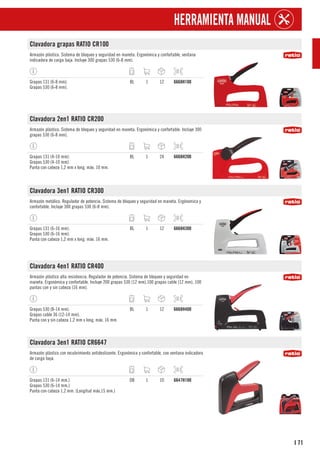 71
I
HERRAMIENTA MANUAL
Clavadora grapas RATIO CR100
Armazón plástico. Sistema de bloqueo y seguridad en maneta. Ergonómica y confortable, ventana
indicadora de carga baja. Incluye 300 grapas 530 (6-8 mm).
Grapas 131 (6-8 mm).
Grapas 530 (6-8 mm).
BL 1 12 6668H100
Clavadora 2en1 RATIO CR200
Armazón plástico. Sistema de bloqueo y seguridad en maneta. Ergonómica y confortable. Incluye 300
grapas 530 (6-8 mm).
Grapas 131 (4-10 mm).
Grapas 530 (4-10 mm).
Punta con cabeza 1,2 mm x long. máx. 10 mm.
BL 1 24 6668H200
Clavadora 3en1 RATIO CR300
Armazón metálico. Regulador de potencia. Sistema de bloqueo y seguridad en maneta. Ergónomica y
confortable. Incluye 300 grapas 530 (6-8 mm).
Grapas 131 (6-16 mm).
Grapas 530 (6-16 mm).
Punta con cabeza 1,2 mm x long. máx. 16 mm.
BL 1 12 6668H300
Clavadora 4en1 RATIO CR400
Armazón plástico alta resistencia. Regulador de potencia. Sistema de bloqueo y seguridad en
maneta. Ergonómica y confortable. Incluye 200 grapas 530 (12 mm),100 grapas cable (12 mm), 100
puntas con y sin cabeza (16 mm).
Grapas 530 (8-14 mm).
Grapas cable 36 (12-14 mm).
Punta con y sin cabeza 1,2 mm x long. máx. 16 mm.
BL 1 12 6668H400
Clavadora 3en1 RATIO CR6647
Armazón plástico con recubrimiento antideslizante. Ergonómica y confortable, con ventana indicadora
de carga baja.
Grapas 131 (6-14 mm.)
Grapas 530 (6-14 mm.)
Punta con cabeza 1,2 mm. (Longitud máx.15 mm.)
DB 1 10 6647H100
 