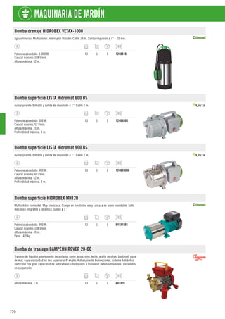 720
MAQUINARIA DE JARDÍN
Bomba drenaje HIDROBEX VETAX-1000
Aguas limpias. Multicelular. Interruptor flotador. Cable 10 m. Salida impulsión ø 1” - 25 mm.
Potencia absorbida: 1.000 W.
Caudal máximo: 108 l/min.
Altura máxima: 42 m.
CJ 1 1 1248X10
Bomba superficie LISTA Hidromat 600 BS
Autoaspirante. Entrada y salida de impulsión ø 1”. Cable 2 m.
Potencia absorbida: 600 W.
Caudal máximo: 52 l/min.
Altura máxima: 35 m.
Profundidad máxima: 8 m.
CJ 1 1 1246X600
Bomba superficie LISTA Hidromat 900 BS
Autoaspirante. Entrada y salida de impulsión ø 1”. Cable 2 m.
Potencia absorbida: 900 W.
Caudal máximo: 60 l/min.
Altura máxima: 42 m.
Profundidad máxima: 8 m.
CJ 1 1 1246X900B
Bomba superficie HIDROBEX MH120
Multicelular horizontal. Muy silenciosa. Cuerpo en fundición, eje y carcasa en acero inoxidable. Sello
mecánico en grafito y cerámica. Salida ø 1”.
Potencia absorbida: 900 W.
Caudal máximo: 108 l/min.
Altura máxima: 45 m.
Peso: 14,5 kg.
CJ 1 1 641X1081
Bomba de trasiego CAMPEÓN ROVER 20-CE
Trasiego de líquidos previamente decantados como: agua, vino, leche, aceite de oliva, biodiesel, agua
de mar, cuya viscosidad no sea superior a 4º engler. Autoaspirante bidireccional, sistema hidráulico
particular con gran capacidad de autocebado. Los líquidos a trasvasar deben ser limpios, sin sólidos
en suspensión.
Altura máxima: 3 m. CJ 1 1 641X20
 