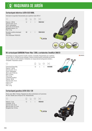 724
MAQUINARIA DE JARDÍN
Cortacésped eléctrico LISTA CCE1000L
Interruptor de seguridad. Recomendado para superficies hasta 400 m².
Potencia: 1.000 W.
Ancho de corte: 32 cm.
Chasis: polipropileno.
Altura corte: 20-35-50 mm.
Recogedor plástico: 25 l.
Peso: 7,2 kg.
CJ 1 1 7993X1032
Recambio cuchilla cortacésped
CCE1000L.
Para cortacésped 7993X1032.
UN 1 1 7993X1032C
Kit cortacésped GARDENA Power Max 1200 y cortabordes SmallCut 300/23
Cortacésped con mango ergonómico ErgoTec (cómodo y manejable). Recomendado para superficies
de hasta 300 m². Cuchillas de acero templado. Sistema de ajuste QuickFit centralizado que permite
ajustar la altura de corte fácilmente. Cortabordes con mango adicional extragrande (cómodo y
manejable). Empuñadura auxiliar.
Cortacésped Power Max:
Potencia: 1.200 W.
Ancho de corte: 32 cm.
Chasis: Polipropileno
Altura corte: 20-60 mm.
Bolsa: 30 litros.
Peso: 8,3 kg.
Cortabordes Smallcut:
Potencia: 300 W.
Ancho de corte: 23 cm.
ø hilo:1,6 mm.
Cable: 6 m.
Peso: 1,6 kg
CJ 1 1 464X5098
Cortacésped gasolina LISTA CCG-139
Chasis acero. Motor 4 tiempos. Regulación de altura centralizada con 8 posiciones
de corte. Cebador para arranque en frío. Autopropulsado.
Potencia: 2,2 kw.
Cilindrada: 139 cc.
Ancho de corte: 46 cm.
Altura de corte: 25-75 mm.
Recogedor tela: 55 litros.
CJ 1 1 7993X439
 