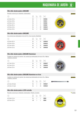 737
MAQUINARIA DE JARDÍN
Hilo nilón desbrozadora GARLAND
Recambio universal para cortabordes y desbrozadoras.
ø 1,6 mm x 25 m. BL 1 1 5599XA6
ø 2,0 mm x 20 m. BL 1 1 5599XA7
ø 2,4 mm x 15 m. BL 1 1 5599XA8
ø 2,4 mm x 81 m. BL 1 1 5599XA9
ø 3,0 mm x 10 m. BL 1 10 5599XA31
ø 3,0 mm x 54 m BL 1 10 5599XA32
Hilo nilón desbrozadora GARLAND
Uso universal para desbrozadora de más de 30 cc. Gran duración y flexibilidad.
ø 2,4 mm x 81 m. BL 1 10 5599XA24
ø 3,0 mm x 54 m. BL 1 1 5599XA23
ø 3,3 mm x 40 m. BL 1 10 5599XA25
ø 4,0 mm x 25 m. BL 1 10 5599XA26
Hilo nilón desbrozadora GARLAND Aluminium
Cuadrado con partículas de aluminio. Uso universal para desbrozadora de más de 30 cc. Máxima
resistencia y duración.
ø 2,7 mm x 54 m. BL 1 10 5599XA27
ø 3,3 mm x 35 m BL 1 10 5599XA28
ø 4,0 mm x 25 m BL 1 10 5599XA29
Hilo nilón desbrozadora GARLAND Aluminium en tiras
Cuadrado con partículas de aluminio. Uso universal para desbrozadora de más de 30 cc. Máxima
resistencia y duración.
ø 3,3 mm x 20 unid. BL 1 10 5599XA21
ø 4,0 mm x 15 unid. BL 1 10 5599XA22
Hilo nilón desbrozadora LISTA estrella
Recambio universal para cortabordes y desbrozadoras. Flexible y resistente.
ø 2,4 mm x 15 m. BL 1 1 896N2
ø 4,0 mm x 50 m. UN 1 1 896N5
 