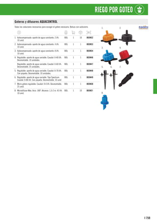 759
I
RIEGO POR GOTEO
Goteros y difusores AQUACONTROL
Todas las soluciones necesarias para escoger el gotero necesario. Bolsas con autocierre. 1. 2.
3. 4.
5. 6. 7.
8.
1. Autocompensado: aporte de agua constante. 2 l/h.
10 unid.
BOL 1 10 865N52
2. Autocompensado: aporte de agua constante. 4 l/h.
10 unid.
BOL 1 1 865N53
3. Autocompensado: aporte de agua constante. 8 l/h.
10 unid.
BOL 1 1 865N54
4. Regulable: aporte de agua variable. Caudal: 0-60 l/h.
Desmontable. 10 unidades.
BOL 1 1 865N46
Regulable: aporte de agua variable. Caudal: 0-60 l/h.
Desmontable. 25 unidades.
BOL 1 1 865N47
5. Regulable: aporte de agua variable. Caudal: 0-70 l/h.
Con piqueta. Desmontable. 10 unidades.
BOL 1 1 865N48
6. Regulable: aporte de agua variable. Tipo Spectrum.
Caudal: 0-80 l/h. Con piqueta. Desmontable. 10 unid
BOL 1 1 865N49
7. Micro gotero regulable. Caudal: 0-6 l/h. Desmontable.
25 unid.
BOL 1 1 865N50
8. Microdifusor Max. Arco: 180º. Alcance: 1,5-2 m. 43 l/h.
10 unid.
BOL 1 10 865N51
 
