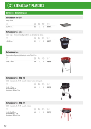 762
BARBACOAS Y PLANCHAS
Barbacoas de carbón y gas
Barbacoa un solo uso
Incluye parrilla.
31x24xh4 cm. BOL 1 1 555C510
Barbacoa carbón cubo
Exterior negro e interior cromado. Espesor 3 mm. Asa de madera. Uso exterior.
ø 26xh.25 cm. CJ 1 1 555C775
Barbacoa carbón
Chapa metálica. Cruceta estabilizadora de patas. Patas 44 cm.
Parrilla ø 33 cm. UN 1 1 555N558
Barbacoa carbón BBQ-700
Cubeta en acero lacado. Parrilla regulable en altura. Ruedas de transporte.
Parrilla ø 37 cm.
Altura parrilla: 58 cm.
Dimensiones: 40x45xh.70 cm.
UN 1 1 555C700
Barbacoa carbón BBQ-701
Cubeta en acero lacado. Parrilla regulable en altura.
Parrilla: 33x26,5 cm.
Altura parrilla: 38-43 cm
Dimensiones: 36x31xh.45 cm.
UN 1 1 555C701
 