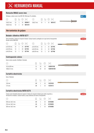 76
HERRAMIENTA MANUAL
I
Remache BRALO acero inox
Vástago y cabeza acero inox AISI 304. Minicaja 25 unidades.
4,0x12 mm. CJ 1 10 6650A12
4,8x10 mm. CJ 1 10 6651A10
4,8x12 mm. CJ 1 10 6651A12
Herramientas de golpeo
Botador cilíndrico RATIO 6277
Acero templado. Cabeza de impacto tratada. Cuerpo lacado y protegido con capa barniz transparente.
Acorde norma DIN 6450.
ø 2x150 mm. CJ 1 10 6277H2
ø 3x150 mm. CJ 1 10 6277H3
ø 4x150 mm. CJ 1 10 6277H4
ø 5x150 mm. CJ 1 10 6277H5
ø 6x150 mm. CJ 1 10 6277H6
ø 8x150 mm. CJ 1 10 6277H8
Contrapunzón cónico
Acero cromo-vanadio. Grafilado. Cromado.
7x2,5x100 mm. CJ 10 10 1628H7X100
10x6x115 mm. CJ 10 10 1628H10X100
Cortafrío electricista
Acero. Redondo.
150 mm. UN 1 10 1672H150
175 mm. UN 1 10 1672H175
Cortafrío electricista RATIO 6275
Cuerpo acero templado aleación especial. Cabeza de impacto tratada para evitar esquirlas y
formación de rebabas. Cuerpo lacado y capa protectora de barniz transparente.
200 mm. 8x12 mm. UN 1 10 6275H200
250 mm. 8x12 mm. UN 1 10 6275H250
300 mm. 8x12 mm. UN 1 10 6275H300
 