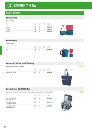 770
CAMPING Y PLAYA
Neveras portátiles
Nevera flexible
Colores surtidos.
8 litros. UN 1 1 555Y840
16 litros. UN 1 1 555Y841
24 litros. UN 1 1 555Y842
Mochila nevera
Colores surtidos.
16 l. UN 1 1 555Y843
Nevera bolsa flexible HABITEX Coolbag
Bolsillos laterales. Cintas ajustables.
30 l. 43x20xh.35 cm. BOL 1 1 572Y330
Nevera térmica HABITEX FlexBox
Tejido exterior reflectante. Bolsillo frontal, malla lateral y ventana abrefácil en medidas grandes.
5,5 l. 23x17xh.18 cm.
x6 latas de 350 ml.
BOL 1 1 572Y105
15 l. 31x24xh.24 cm.
x12 botella de 500 ml.
BOL 1 1 572Y115
26 l. 35x25xh.33 cm.
x6 botella de 2 l.
BOL 1 1 572Y125
 