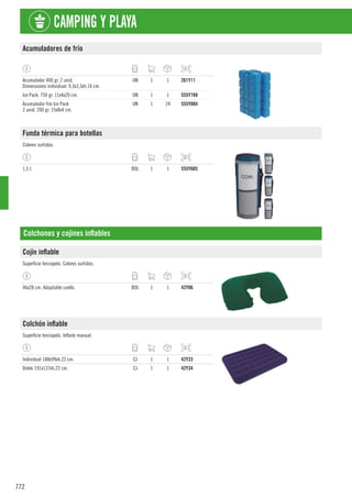 772
CAMPING Y PLAYA
Acumuladores de frío
Acumulador 400 gr. 2 unid.
Dimensiones individual: 9,3x3,3xh.16 cm.
UN 1 1 261Y11
Ice Pack. 750 gr. 11x4x20 cm. UN 1 1 555Y788
Acumulador frío Ice Pack
2 unid. 200 gr. 15x8x4 cm.
UN 1 24 555Y804
Funda térmica para botellas
Colores surtidos.
1,5 l. BOL 1 1 555Y605
Colchones y cojines inflables
Cojín inflable
Superficie terciopelo. Colores surtidos.
46x28 cm. Adaptable cuello. BOL 1 1 42Y86
Colchón inflable
Superficie terciopelo. Inflado manual.
Individual 188x99xh.22 cm. CJ 1 1 42Y33
Doble 191x137xh.22 cm. CJ 1 1 42Y34
 