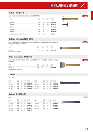 77
I
HERRAMIENTA MANUAL
Cortafrío RATIO 6248
Acero cromo-vanadio, tratamiento térmico integral. DIN 7254A. 1.
2.
1. 200 mm. UN 1 10 6248H200
250 mm. UN 1 10 6248H250
300 mm. UN 1 5 6248H300
350 mm. UN 1 5 6248H350
400 mm. UN 1 5 6248H400
2. Protector cortafríos. 300-400 mm. UN 1 1 6248HE
Cortafrío extraplano RATIO 6249
Acero cromo-vanadio, tratamiento térmico integral. Gracias a su forma delgada puede utilizarse en
trabajos de contrucción y carrocería.
240 mm.
Cuerpo sección 26x7 mm.
UN 1 10 6249H240
Cincel para ranuras RATIO 6262
Acero cromo-vanadio, tratamiento térmico integral. Boca 70 mm especial para instalaciones de yeso
y escayola.
250x70 mm.
Cuerpo sección 26x13 mm.
UN 1 5 6262H250
Cortafrío
Acero extra.
175 mm. UN 1 10 2400H175
200 mm. UN 1 10 2400H200
250 mm. UN 1 10 2400H250
300 mm. UN 1 10 2400H300
350 mm. UN 1 10 2400H350
400 mm. UN 1 10 2400H400
Cortafrío BELLOTA 8251
Acero.
175 mm. UN 1 6 2048L175
200 mm. UN 1 6 2048L200
225 mm. UN 1 6 2048L225
250 mm. UN 1 6 2048L250
300 mm. UN 1 6 2048L300
350 mm. UN 1 6 2048L350
400 mm. UN 1 6 2048L400
 