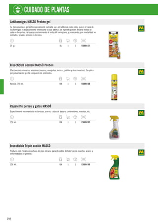 792
CUIDADO DE PLANTAS
Antihormigas MASSÓ Preben gel
Su formulación en gel está especialmente indicado para ser utilizado como cebo, que en el caso de
las hormigas es especialmente interesante ya que además de ingerirlo pueden llevarse restos de
cebo en las patas y el cuerpo contaminando el resto del hormiguero, y provocando gran mortalidad en
soldados, larvas e inlcuso en la reina.
25 gr. BL 1 1 1500N121
Insecticida aerosol MASSÓ Preben
Efectivo contra insectos voladores (moscas, mosquitos, avistas, polillas y otros insectos). Se aplica
por pulverización y está compuesto de piretroides.
Aerosol. 750 ml. UN 1 1 1500N130
Repelente perros y gatos MASSÓ
Especialmente recomendado en terrazas, aceras, cubos de basura, contenedores, macetas, etc.
750 ml. UN 1 1 1500N107
Insecticida Triple acción MASSÓ
Producto con 2 materias activas de gran eficacia para el control de todo tipo de insectos, ácaros y
enfermedades en general.
750 ml. UN 1 1 1500N106
 