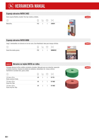 80
HERRAMIENTA MANUAL
I
Esponja abrasiva RATIO 2402
Goma espuma flexible y lavable. Para lijar madera y metales.
Medio/fino. PQT 1 1 2402H1
Esponja abrasiva RATIO 6006
Juego 3 almohadillas con abrasivo en las dos caras. Gran flexibilidad. Ideal para trabajos difíciles.
Grano fino-medio-grueso. PQT 1 1 6006B352
NUEVO Abrasivo no tejido RATIO en rollos
Estropajo abrasivo de fibra sintética resistente y duradera. Adecuado para uso industrial, reparación
y limpieza mecánica, limpieza de cordones de soldadura, desbarbado, etc. Limpia y elimina
fácilmente la suciedad dura, grasa y óxido.
115 mm x 10 m.
Grano universal. Verde.
UN 1 1 6117A
115 mm x 10 m.
Grano fino. Rojo.
UN 1 1 6118A2
115 mm x 10 m.
Grano muy fino. Rojo.
UN 1 1 6118A3
 
