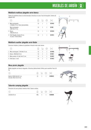 809
MUEBLES DE JARDÍN
Mobiliario multiuso plegable serie blanca
Tablero de polietileno blanco de alta densidad. Estructura en acero. Asa de transporte. Sistema de
plegado fácil.
1. 2.
3.
1. Mesa rectangular.
122x60xh.74 cm. Patas desmontables.
CJ 1 1 557N16
Mesa rectangular.
180x75xh.72 cm.
CJ 1 1 557N2
2. Banco.
180x25xh.43 cm.
CJ 1 1 557N10
3. Silla Plegable. Asiento 44 cm.
(4 unds). 57x47xh.84cm.
CJ 1 1 557N15
Mobiliario auxiliar plegable serie Ratán
Estructura metálica y tableros de polietileno imitación ratán color marrón. 1. 2.
3. 4.
1. Mesa rectangular. 179x74xh.72 cm. CJ 1 1 557N20
2. Banco. 180x25xh.43 cm. CJ 1 1 557N21
3. Mesa auxiliar. 61,5x61,4xh.73 cm. CJ 1 1 557N22
4. Silla tijera. 2 unid. CJ 1 1 557N23
Mesa picnic plegable
Maleta plegable con bancos integrados. Estructura plástico/metal. Orificio para sombrilla. Peso 6,8
kg.
Abierta: 85x64,5xh.64,5 cm.
Cerrada: 85x31,5xh.10 cm.
CJ 1 1 555N545
Taburete camping plegable
Estructura de acero pintado. Asiento de tela. Colores surtidos.
32x32xh.45 cm. BOL 1 1 555N508
 