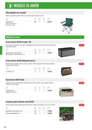 810
MUEBLES DE JARDÍN
Silla plegable con respaldo
Asiento y respaldo en poliéster. Bolsa de transporte incluida. Colores surtidos.
50x45xh.80 cm.
Altura asiento: 45 cm.
Peso máx.: 110 kg.
BOL 1 1 555C595
Mueble de resina
Arcón exterior KETER Premier 150
Gris. 2 pistones hidraúlicos en la tapa. Fácil apertura y cierre. Resistente. Fácil montaje. Incluye asas
para fácil transporte.
Medida exterior: 152x73xh.70 cm.
Medida interior: 142,8x63,4xh.63,9 cm.
UN 1 1 174N361
Arcón exterior KETER Hollywood marrón
Resistente para intemperie. Resina imitación madera. 100% polipropileno. Fácil montaje mediante
sistema de click. 270 litros.
117x45xh.57 cm. CJ 1 1 174N320
Banco/arcón KETER Edén
Fabricado resina imitación madera. Almacenamiento inferior 265 litros. Suelo incluido. Refuerzos
metálicos en zona asiento.
140x60xh.84 cm.
Capacidad: 265 litros.
CJ 1 1 174N348
Conjunto jardín imitación ratán KETER
Resina inyectada imitación ratán plano. Color marrón. Duradero y resistente al clima y a la corrosión.
Mesa Melody. 160,5x94,5xh.74 cm. UN 1 1 174N304
Mesa Quarted 94x94xh.75 cm. UN 1 1 174N305
 