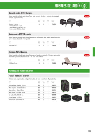 811
MUEBLES DE JARDÍN
Conjunto jardín KETER Merano
Resina inyectada imitación ratán plano 7 mm. Color antracita. Duradero y resistente al clima y a la
corrosión. Cojines incluidos.
Conjunto 4 piezas:
2 sillones: 65x67xh.77 cm.
1 sofá 2 plazas: 129x67xh.77 cm.
1 mesa auxiliar: 92x59xh.43 cm.
CJ 1 1 174N345
Mesa-nevera KETER Ice cube
Resina inyectada imitación ratán plano. Color marrón. Complemento ideal para su jardín. Preparada
para el exterior. Resistente a los rayos UV.
42x42xh.41 cm. CJ 1 4 174N302
Tumbona KETER Daytona
Resina inyectada imitación ratán plano. Color marrón. Duradero y resistente al clima y a la corrosión.
Reclinable 4 posiciones. Cojín acolchado 6 cm, color arena incluido.
195x65xh.22 cm. CJ 1 1 174N303
Fundas para mueble de jardín
Fundas mobiliario exterior
Poliéster negro. impermeables, protegen los muebles del polvo y de la lluvia. Muy resistentes.
Sillas apiladas. 68x68xh. 105 cm. BOL 1 1 555N722
Mesa pequeña. 165x115xh.80 cm. BOL 1 1 555N723
Mesa+sillas. ø 180xh.115 cm. BOL 1 1 555N724
Mesa grande. 165x140xh.90 cm. BOL 1 1 555N725
Set jardín. 300x200xh.80 cm. BOL 1 1 555N726
Parasol lateral. h.220 cm. BOL 1 1 555N727
Bolsa cojines. 130x50xh.32 cm. BOL 1 1 555N728
 