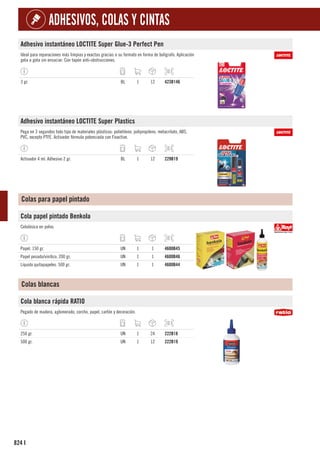 824
ADHESIVOS, COLAS Y CINTAS
I
Adhesivo instantáneo LOCTITE Super Glue-3 Perfect Pen
Ideal para reparaciones más limpias y exactas gracias a su formato en forma de bolígrafo. Aplicación
gota a gota sin ensuciar. Con tapón anti-obstrucciones.
3 gr. BL 1 12 423B146
Adhesivo instantáneo LOCTITE Super Plastics
Pega en 3 segundos todo tipo de materiales plásticos: polietileno, polipropileno, metacrilato, ABS,
PVC, excepto PTFE. Activador fórmula potenciada con Fixactive.
Activador 4 ml. Adhesivo 2 gr. BL 1 12 229B19
Colas para papel pintado
Cola papel pintado Benkola
Celulósica en polvo.
Papel. 150 gr. UN 1 1 4600B45
Papel pesado/vinílico. 200 gr. UN 1 1 4600B46
Líquido quitapapeles. 500 gr. UN 1 1 4600B44
Colas blancas
Cola blanca rápida RATIO
Pegado de madera, aglomerado, corcho, papel, cartón y decoración.
250 gr. UN 1 24 222B18
500 gr. UN 1 12 222B19
 