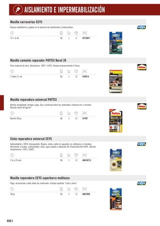 850
AISLAMIENTO E IMPERMEABILIZACIÓN
I
Masilla carrocerías CEYS
Repara abolladuras y golpes en la plancha de automóviles y motocicletas.
75 + 6 ml. BL 1 6 4572B47
Masilla cemento reparador PATTEX Nural 26
Para material de obra. Resistencia -30ºC / 150ºC. Tiempo endurecimiento 6 horas.
2 tubos 11 ml. BL 1 12 242B14
Masilla reparadora universal PATTEX
Barrita arreglatodo. Arregla, pega, fija y construye todos los materiales. Endurece en 5 minutos.
Resiste hasta 50 kg/cm².
Barrita 48 gr. BL 1 12 247B7
Cinta reparadora universal CEYS
Autosoldable y 100% transparente. Repara, aísla y sella en segundos sin adhesivos ni residuos.
Resistente a ácidos, combustibles, cloro, agua salada y radiación UV. Elasticidad del 430%. Resiste
temperaturas -50ºC / 260ºC.
3 m x 25 mm. BL 1 12 4601B215
Masilla reparadora CEYS superbarra multiusos
Pega, reconstruye y sella todos los materiales. Incluye espátula “corta y alisa”.
48 gr. BL 1 12 4601B50
 