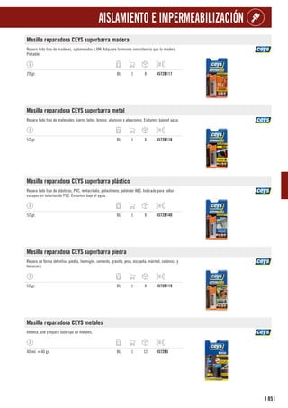 851
I
AISLAMIENTO E IMPERMEABILIZACIÓN
Masilla reparadora CEYS superbarra madera
Repara todo tipo de maderas, aglomerados y DM. Adquiere la misma consistencia que la madera.
Pintable.
29 gr. BL 1 8 4572B117
Masilla reparadora CEYS superbarra metal
Repara todo tipo de materiales, hierro, latón, bronce, aluminio y aleaciones. Endurece bajo el agua.
52 gr. BL 1 8 4572B118
Masilla reparadora CEYS superbarra plástico
Repara todo tipo de plásticos, PVC, metacrilato, poliestireno, poliéster ABS. Indicado para sellar
escapes en tuberías de PVC. Endurece bajo el agua.
52 gr. BL 1 8 4572B140
Masilla reparadora CEYS superbarra piedra
Repara de forma definitiva piedra, hormigón, cemento, granito, yeso, escayola, mármol, cerámica y
terracona.
52 gr. BL 1 8 4572B119
Masilla reparadora CEYS metales
Rellena, une y repara todo tipo de metales.
40 ml. + 40 gr. BL 1 12 4572B5
 