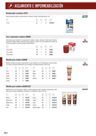 852
AISLAMIENTO E IMPERMEABILIZACIÓN
I
Restaurador cerámico CEYS
Repara pequeños golpes y desconchados en bañeras, lavabos, electrodomésticos, etc.
15 ml. BL 1 12 4572B19
Cera reparadora madera BAKAR
Cera blanca para restauración y reparación de maderas, chapas, melamina y todo tipo de maderas
decorativas. Repara golpes, arañazos, juntas, agujeros, uniones, etc. Para superficies de madera en
crudo o barnizadas. Los colores pueden entremezclarse.
70 gr. Roble. UN 1 24 385B2
70 gr. Sapeli. UN 1 24 385B3
70 gr. Blanco. UN 1 24 385B5
Masilla para madera BAKAR
Masilla correctora de grietas, desconchados, juntas, defectos, etc. Fácil aplicación y secado rápido.
Los colores se pueden entremezclar para conseguir la tonalidad deseada. Tubo 120 gr.
Pino. UN 1 25 384B1
Roble. UN 1 25 384B2
Sapeli. UN 1 25 384B3
Blanco. UN 1 25 384B5
Caoba. UN 1 25 384B6
Haya. UN 1 25 384B8
Nogal. UN 1 25 384B9
Teca. UN 1 25 384B10
Natural. UN 1 25 384B11
Masilla para madera AGUAPLAST
Masilla lista al uso para reparar, rellenar y nivelar pequeñas grietas, agujeros y desperfectos sobre
todo tipo de maderas. Moldeable y recortable. Sin disolventes. Tubo de 125 ml.
Neutro. UN 1 12 5447B7
Nogal claro. UN 1 12 5447B8
Nogal oscuro. UN 1 12 5447B9
Caoba. UN 1 12 5447B10
Pino. UN 1 12 5447B11
Roble. UN 1 12 5447B12
Sapeli. UN 1 12 5447B13
Haya. UN 1 12 5447B14
Cerezo. UN 1 12 5447B15
Negro wengué. UN 1 12 5447B16
 