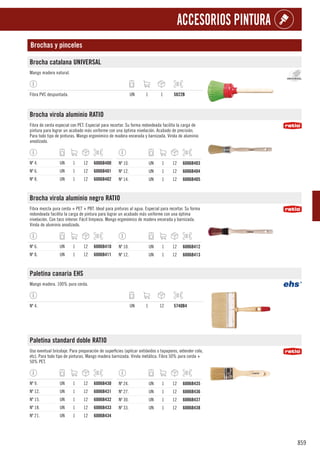859
ACCESORIOS PINTURA
Brochas y pinceles
Brocha catalana UNIVERSAL
Mango madera natural.
Fibra PVC despuntada. UN 1 1 5822B
Brocha virola aluminio RATIO
Fibra de cerda especial con PET. Especial para recortar. Su forma redondeada facilita la carga de
pintura para lograr un acabado más uniforme con una óptima nivelación. Acabado de precisión.
Para todo tipo de pinturas. Mango ergonómico de madera encerada y barnizada. Virola de aluminio
anodizado.
Nº 4. UN 1 12 6006B400
Nº 6. UN 1 12 6006B401
Nº 8. UN 1 12 6006B402
Nº 10. UN 1 12 6006B403
Nº 12. UN 1 12 6006B404
Nº 14. UN 1 12 6006B405
Brocha virola aluminio negro RATIO
Fibra mezcla pura cerda + PET + PBT. Ideal para pinturas al agua. Especial para recortar. Su forma
redondeada facilita la carga de pintura para lograr un acabado más uniforme con una óptima
nivelación. Con taco interior. Fácil limpieza. Mango ergonómico de madera encerada y barnizada.
Virola de aluminio anodizado.
Nº 6. UN 1 12 6006B410
Nº 8. UN 1 12 6006B411
Nº 10. UN 1 12 6006B412
Nº 12. UN 1 12 6006B413
Paletina canaria EHS
Mango madera. 100% pura cerda.
Nº 4. UN 1 12 5740B4
Paletina standard doble RATIO
Uso eventual bricolaje. Para preparación de superficies (aplicar antióxidos o tapaporos, extender cola,
etc). Para todo tipo de pinturas. Mango madera barnizada. Virola metálica. Fibra 50% pura cerda +
50% PET.
Nº 9. UN 1 12 6006B430
Nº 12. UN 1 12 6006B431
Nº 15. UN 1 12 6006B432
Nº 18. UN 1 12 6006B433
Nº 21. UN 1 12 6006B434
Nº 24. UN 1 12 6006B435
Nº 27. UN 1 12 6006B436
Nº 30. UN 1 12 6006B437
Nº 33. UN 1 12 6006B438
 