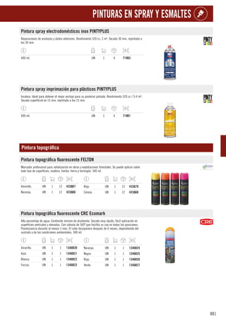 881
PINTURAS EN SPRAY Y ESMALTES
Pintura spray electrodomésticos inox PINTYPLUS
Reparaciones de arañazos y daños exteriores. Rendimiento 520 cc: 2 m². Secado 30 min, repintado a
los 30 min.
400 ml. UN 1 6 719B3
Pintura spray imprimación para plásticos PINTYPLUS
Incolora. Ideal para obtener el mejor anclaje para su posterior pintado. Rendimiento 520 cc / 3-4 m².
Secado superficial en 15 min, repintado a los 15 min.
400 ml. UN 1 6 719B1
Pintura topográfica
Pintura topográfica fluorescente FELTON
Marcador profesional para señalización en obras y explotaciones forestales. Se puede aplicar sobre
todo tipo de superficies, madera, hierba, tierra y hormigón. 500 ml.
Amarillo. UN 1 12 433Q67
Naranja. UN 1 12 433Q66
Rojo. UN 1 12 433Q79
Cereza. UN 1 12 433Q68
Pintura topográfica fluorescente CRC Ecomark
Alto porcentaje de agua. Contenido mínimo de disolvente. Secado muy rápido, fácil aplicación en
superficies verticales y elevadas. Con válvula de 360º que facilita su uso en todas las posiciones.
Fluorescencia durante al menos 1 mes. El color desaparece después de 6 meses, dependiendo del
sustrato y de las condiciones ambientales. 500 ml.
Amarillo. UN 1 1 1346B20
Azul. UN 1 1 1346B21
Blanco. UN 1 1 1346B22
Fucsia. UN 1 1 1346B23
Naranja. UN 1 1 1346B24
Negro. UN 1 1 1346B25
Rojo. UN 1 1 1346B26
Verde. UN 1 1 1346B27
 