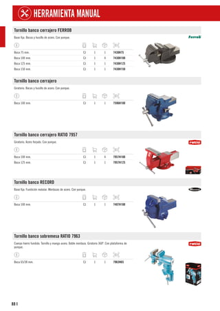 88
HERRAMIENTA MANUAL
I
Tornillo banco cerrajero FERROB
Base fija. Bocas y husillo de acero. Con yunque.
Boca 75 mm. CJ 1 1 7430H75
Boca 100 mm. CJ 1 4 7430H100
Boca 125 mm. CJ 1 1 7430H125
Boca 150 mm. CJ 1 1 7430H150
Tornillo banco cerrajero
Giratorio. Bocas y husillo de acero. Con yunque.
Boca 100 mm. CJ 1 1 7596H100
Tornillo banco cerrajero RATIO 7957
Giratorio. Acero forjado. Con yunque.
Boca 100 mm. CJ 1 4 7957H100
Boca 125 mm. CJ 1 1 7957H125
Tornillo banco RECORD
Base fija. Fundición nodular. Mordazas de acero. Con yunque.
Boca 100 mm. CJ 1 1 7407H100
Tornillo banco sobremesa RATIO 7963
Cuerpo hierro fundido. Tornillo y mango acero. Doble mordaza. Giratorio 360º. Con plataforma de
yunque.
Boca 65/38 mm. CJ 1 1 7963H65
 