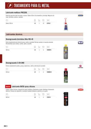 892
TRATAMIENTO PARA EL METAL
I
Lubricante multiuso PRESSOL
Aceite de precisión libre de ácidos y resinas. Gotero 100 ml. Uso doméstico y bricolaje. Máquinas de
coser, bicicletas, patines, cojinetes.
Gotero 100 ml. UN 1 10 6701A1
Lubricantes técnicos
Desengrasante bicicletas Bike WD-40
Actúa rápidamente para eliminar grasa, aceite y suciedad. No deja residuos ni necesita aclarado.
Recomendado para cadena, cambio, plato y cassette.
500 ml. UN 1 6 4598B70
Desengrasante 3-EN-UNO
Elimina rápidamente aceites, grasas, alquitranes, salitre y todo tipo de suciedad.
250 ml. UN 1 6 4598B251
NUEVO Lubricante RATIO spray silicona
Lubrica, reduce fricción y desgaste de piezas metálicas. Resistente al óxido. Hidrófugo. Aislamiento
eléctrico. Previene los depósitos d suciedad. Acabado brillante al plástico y a la goma.
400 ml. UN 1 6 222B74
 